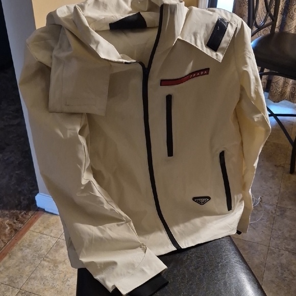 Prada Men's Beige Raincoat with Black Accents
